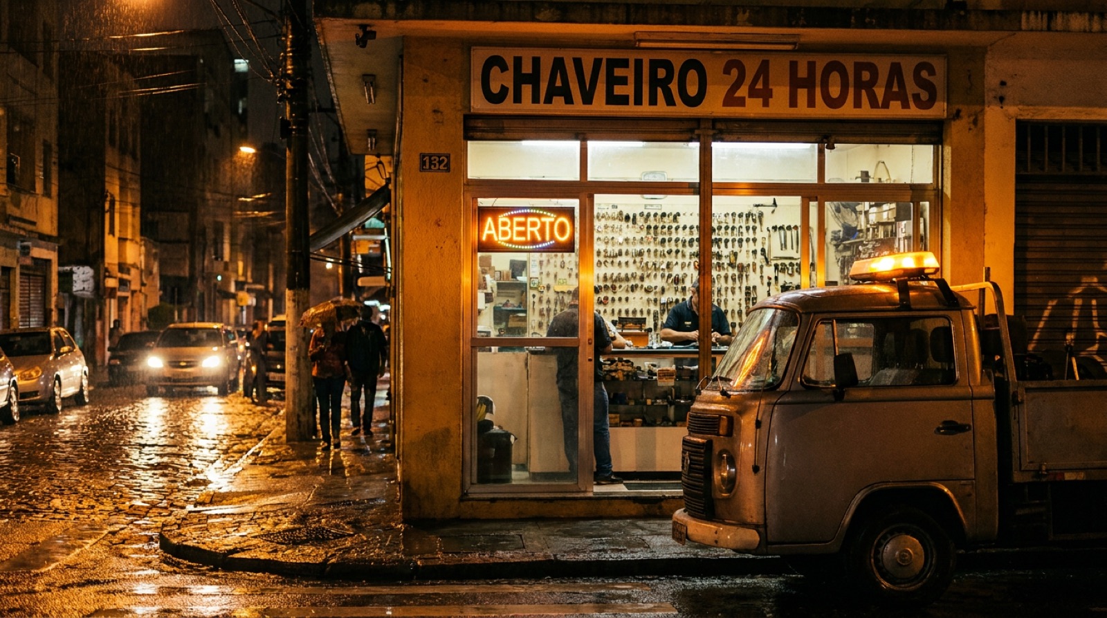 Chaveiro Uchoa — oficina de chaveiro iluminada à noite na Mooca, São Paulo