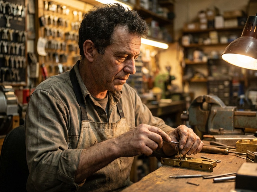 Chaveiro artesão da Chaveiro Uchoa trabalhando com precisão em uma fechadura